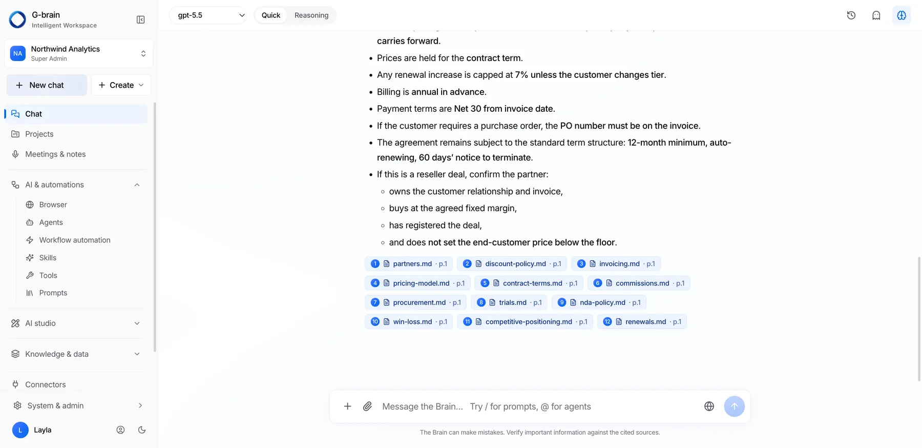 G-Brain chat answer with page-level citations